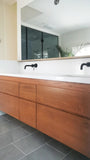 76" wide double sink wall​ mounting floating vanity built from solid white oak wood. ​ A​  ​modern ​clean​ &​​ ​streamlined look​ with 6 soft close drawer with integrated handles - inwardly beveled edge.