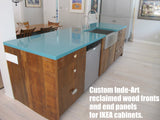 Inde-Art reclaimed wood custom built kitchen cabinet & drawer fronts  & end panels for IKEA cabinets