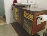 Shown in the photos is a 48" wide custom vanity.  Soft close drawers & interior cabinet made from furniture-grade, high quality maple plywood stained and  drawer fronts built from one of a kind reclaimed/salvage teak wood.  - 48" W x 17" D  x 17" HT