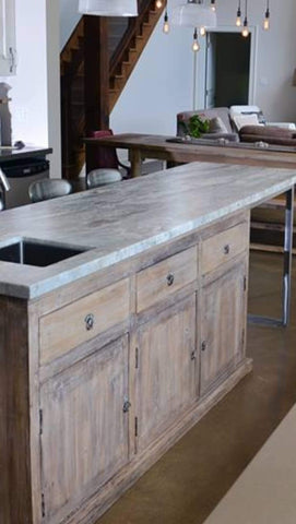 Rustic redefined !!  We designed this stunning island for Marnie's Muskoka home with help of designer Christina Tofan.  A one of a kind  cabinet built from reclaimed teak wood was turned into an island by attaching a custom made metal frame onto it's back.