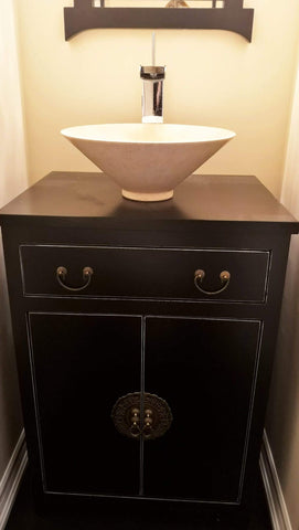 Shown in the photos is a 24" wide Asian inspired custom vanity.  Soft close drawer with gorgeous brass flower pot cabinet face plate  - 24" W x 18" D x 33" HT
