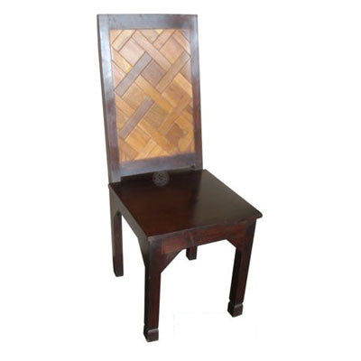 Solid wood dining chairs with teak wood inserts.