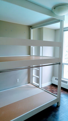 he  twin-over-twin design, solid wood bunk bed, has clean lines and a contemporary look to ensure this piece will look great in nearly any sleep space. The sturdy built-in ladder makes it simple to climb up to the top bunk.  