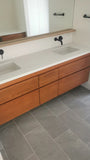 76" wide double sink wall​ mounting floating vanity built from solid white oak wood. ​ A​  ​modern ​clean​ &​​ ​streamlined look​ with 6 soft close drawer with integrated handles - inwardly beveled edge.