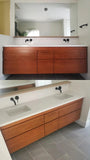76" wide double sink wall​ mounting floating vanity built from solid white oak wood. ​ A​  ​modern ​clean​ &​​ ​streamlined look​ with 6 soft close drawer with integrated handles - inwardly beveled edge.