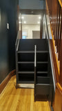 Every home can use more storage. Fortunately, the often-neglected space beneath a staircase provides an ideal spot for that.  From kitchen pantry , playroom for your kids , home office to bookshelves. The options are virtually endless.  A pantry for the kitchen + additional shelving storage + pull out shoe rack and a  pull out.