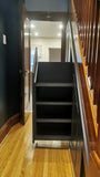 Every home can use more storage. Fortunately, the often-neglected space beneath a staircase provides an ideal spot for that.  From kitchen pantry , playroom for your kids , home office to bookshelves. The options are virtually endless.  A pantry for the kitchen + additional shelving storage + pull out shoe rack and a  pull out.