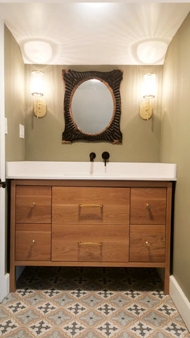 Beautifully hand crafted from solid white oak wood, the cabinet boats 1.5" wide frame & legs. 5 inset drawers with top of the line soft closing full extension drawer slides. Finished with clear lacquer. Single edge white quartz countertop with a very deep white ceramic sink