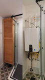 The cabinet with solid wood frame &amp; legs,&nbsp; vintage louver door was designed to hide the hot water tank and add storage.