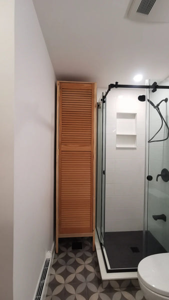 The cabinet with solid wood frame &amp; legs,&nbsp; vintage louver door was designed to hide the hot water tank and add storage.
