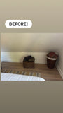 A before-and-after -A 10 ft long custom-built dresser unit designed for a room with a sloped ceiling boasts four soft-close drawers in the middle and shelves with doors on either end. . A sleek and streamlined design makes the space equally functional and chic!!