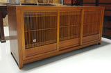 A stunning transformation from white big box store cabinets to unique Japanese inspired custom designed cabinets with hand-forged iron handles. The base cabinets sliding doors with lattice design . A clean line design with zen aesthetics. 