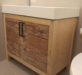 This gorgeous clean line bathroom vanity cabinet is custom designed & built to fit an existing vanity top.  Frame build from poplar wood and door panels from reclaimed teak wood.  -34" x 20 " x 28" (ht)
