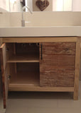 This gorgeous clean line bathroom vanity cabinet is custom designed & built to fit an existing vanity top.  Frame build from poplar wood and door panels from reclaimed teak wood.  -34" x 20 " x 28" (ht)
