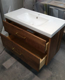 Custom build MCM inspired 40" solid walnut wood vanity​ cabinet​, featuring 2 ​soft close inset drawers ​and​ solid wood tapered legs. ​ ​Gold handles add timeless touch to the cabinet, an elegant addition to any bathroom, beautiful walnut wood makes ​​bathroom ​luxurious​ and stunning. 