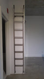 Modern white closet boasts custom built metal ladder and a 7ft long metal rail .  Ladder with multiple hooks was specially designed so it can be used not only for the tall  closet in the bedroom but also in the kitchen. Allowing  for maximum versatility on multiple rails and to store it elsewhere.