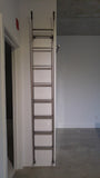 Modern white closet boasts custom built metal ladder and a 7ft long metal rail .  Ladder with multiple hooks was specially designed so it can be used not only for the tall  closet in the bedroom but also in the kitchen. Allowing  for maximum versatility on multiple rails and to store it elsewhere.