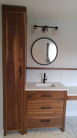 This gorgeous bathroom vanity and linen closet custom built from warm & beautiful solid  walnut wood will inspire your mornings and add the perfect ending to your day.