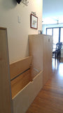 This beautiful clean line unit transformed this hallway into a space to store shoes.  A 5 drawer dresser with a glass panel extends the hallway and add much needed additional storage!!  Built from Baltic birch plywood.  Benefits over standard plywood include;  - Improved stiffness, stability, and strength  - Void free core allows for a decorative exposed edge  - Exceptional screw holding capabilities  - Thicker face veneer