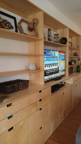  This handsome unit is built from baltic birch plywood.  Benefits over standard plywood include;  - Improved stiffness, stability, and strength  - Void free core allows for a decorative exposed edge  - Exceptional screw holding capabilities  - Thicker face veneer   Due to the nature of its construction, Baltic Birch is an incredibly durable product - it’s strong, stable, tough, and heavy. That makes it ideal for a number of woodworking projects.