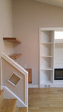 Don’t think you have the space for a home office? Think again  To make the most of the space, this nook was transformed into a home office by adding a floating desk and 2 floating shelving above it.  Built from solid white oak wood.