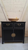 Shown in the photos is a 34" wide Asian inspired custom vanity.  Soft close drawer with gorgeous brass flower pot cabinet face plate  - 34" W x 18" D x 33" HT