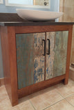 One of a kind custom build 30" vanity cabinet with reclaimed teak wood door fronts