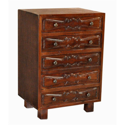 24" wide solid Indian rose wood  5 drawer cabinet  with hand carved drawer panels.