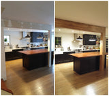 We built this amazing island with solid maple wood counter top  for Neve last summer. This time around it was time to add a rustic architectural feature to this beautiful kitchen by covering the post & beam with solid  maple wood.