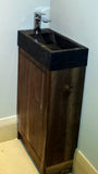 - Custom build from solid walnut wood; vanity cabinet, mirror frame & shelves for a  powder room.  -18" x  9" x  30" (ht)