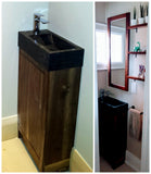 - Custom build from solid walnut wood; vanity cabinet, mirror frame & shelves for a  powder room.  -18" x  9" x  30" (ht)