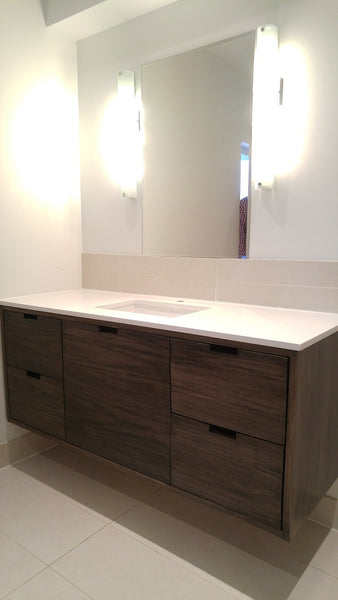 Shown in the photos is a 60" wide custom vanity.  Soft close drawers & cabinet made from polar wood.  - " 60W x 21" D  x 25" HT  Send us your rough sketch with dimensions along with your inspiration photos of your dream bathroom vanity,