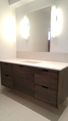 Shown in the photos is a 60" wide custom vanity.  Soft close drawers & cabinet made from polar wood.  - " 60W x 21" D  x 25" HT  Send us your rough sketch with dimensions along with your inspiration photos of your dream bathroom vanity,