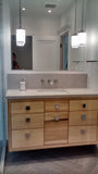 Made from poplar wood ,with clean line design & inset drawers, the floating vanity cabinet has a warm & contemporary look.