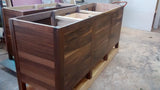 stunning island built with solid walnut wood with 2.5" frame, 6 flat panel drawers and a microwave shelf.