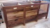 stunning island built with solid walnut wood with 2.5" frame, 6 flat panel drawers and a microwave shelf.