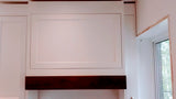 Beautiful & elegant custom build white recessed solid wood paneled cabinetry with a timeless farmhouse sink, a custom hood and dishwasher cover serves as a clean slate for beautiful walnut wood island, a playful balance of traditional and modern. Solid walnut wood with 2.5" frame, 6 flat panel drawers and a microwave shelf. A perfect example of contrasting textures mixed to keep it family friendly, and at the same time a strong statement piece.