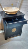 ​​Asian inspired one of a kind​ ​custom build​ vanity cabinet with gorgeous brass flower pot cabinet face plate​.​