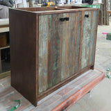 Shown in the photos is a 38" wide  custom vanity with reclaimed teak door panels  and grey quartz stone top - Clean line contemporary design.