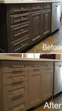 A stunning transformation by replacing the cabinet door & drawer fronts and spraying the end gables so they all match. The shaker style new fronts along with new hardware adds style and gives new feel & look to this kitchen with out breaking a bank.