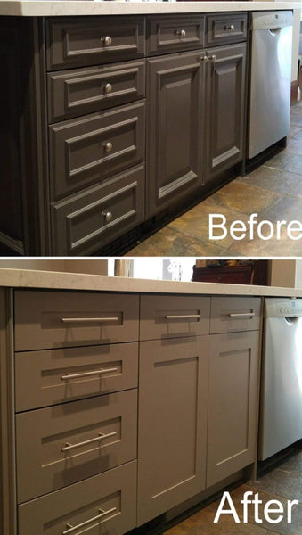 A stunning transformation by replacing the cabinet door & drawer fronts and spraying the end gables so they all match. The shaker style new fronts along with new hardware adds style and gives new feel & look to this kitchen with out breaking a bank.