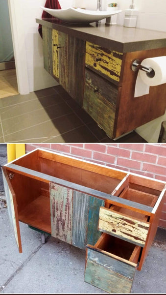 Shown in the photos is a 48" wide custom vanity. Soft close drawers & interior cabinet made from furniture-grade, high quality maple plywood stained and drawer fronts built from one of a kind reclaimed/salvage teak wood. - 48" W x 17" D x 17" HT
