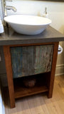 Shown in the photos is a 20" wide custom vanity. Soft close drawers & cabinet box made from furniture-grade, high quality plywood and drawer fronts built from one of a kind reclaimed/salvage teak wood panels. - 20" W x 16" D x 25" HT
