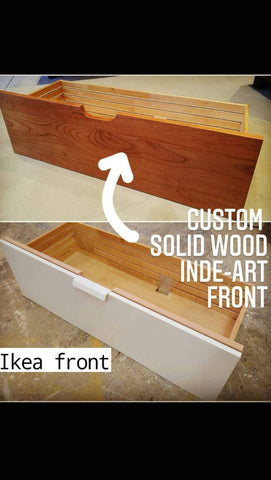 Sleek, Stylish & Warm - The master bathroom vanity was transformed by switching white IKEA drawer panels  with Inde-Art custom build solid wood fronts.  39 3/16” x 11 1/8” x ¾” Panels