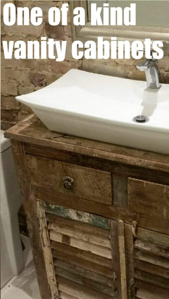 - One of a kind cabinet made from reclaimed teak  turned into a vanity.  - 37" W x 16" D x  35"(HT)