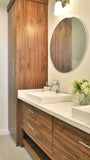 This gorgeous clean line  bathroom vanity and linen closet custom  built from walnut  is so warm &  beautiful will inspire your mornings and add the perfect ending to your day.