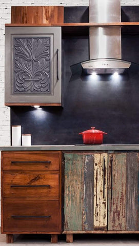 Pioneer in industry , we offer exquisite reclaimed teak wood and  hand carved door and drawer panels sand complete kitchen cabinets like no other. Inde-Art Cabinets on City line on City TV. "Designer Yanic Simard  featured  our reclaimed wood custom cabinets  as hottest trend on display at the Interior Design Show."  http://youtu.be/I2mklGNZ-No