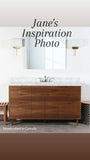   This 48" gorgeous MCM  inspired vanity features solid wood frame, legs and door & drawer fronts built from  walnut with exceptional grain pattern throughout.  Modern lines and beautiful  & warm wood grains makes it a perfect statement in any contemporary bathroom.  Two precisely inset doors and six functional drawers with soft-close slides offer plenty of storage for a growing family.  The counter top is a low maintenance and durable single edge white quartz  with an under-mount ceramic sink.