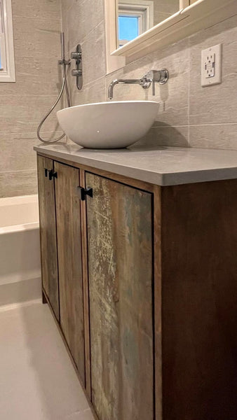 Shown in the photos is a 38" wide  custom vanity with reclaimed teak door panels  and grey quartz stone top - Clean line contemporary design.