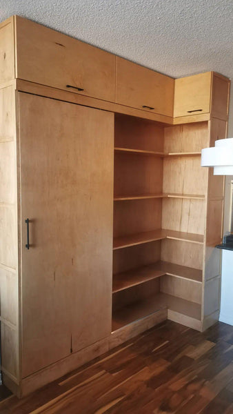 This built-in not only add  lot of storage & display space but also works as a pantry hidden behind the sliding door for a condo with limited space.